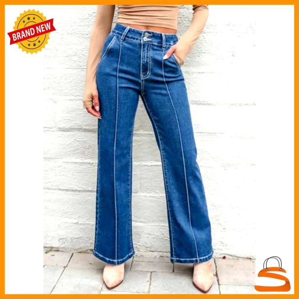 High Waisted Wide Leg Stretch Denim Jeans Casual Baggy Fit Pants - Picture 4 of 7